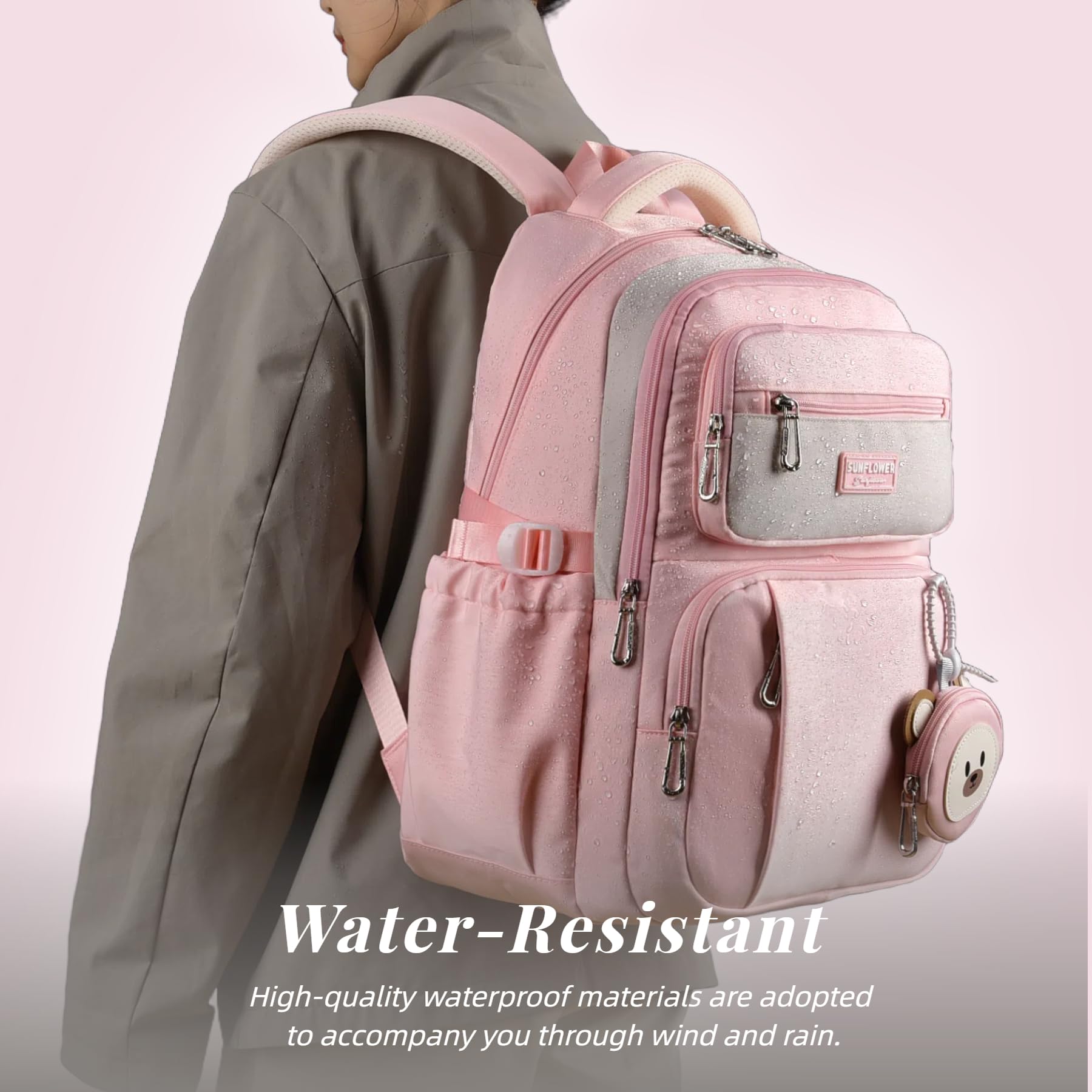 Leaper Preppy Backpack for Teens : 18.5 inch Bookbag Multi-pocket for School Daily -Water Resistant Anti Theft Middle Highschool Student - Aged 10-16 - Gifts for Girls and Kids(Pink) - Image 3