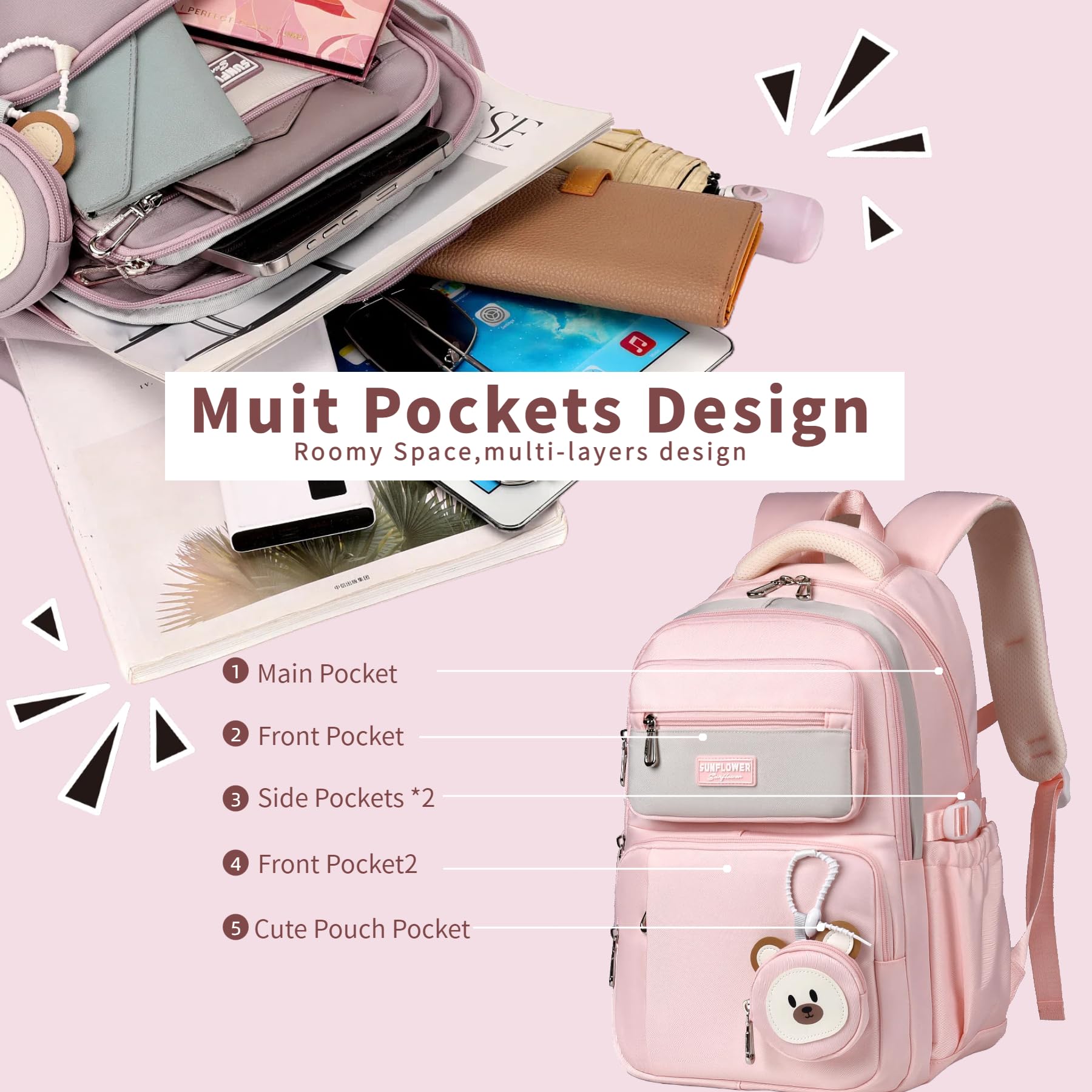 Leaper Preppy Backpack for Teens : 18.5 inch Bookbag Multi-pocket for School Daily -Water Resistant Anti Theft Middle Highschool Student - Aged 10-16 - Gifts for Girls and Kids(Pink) - Image 5