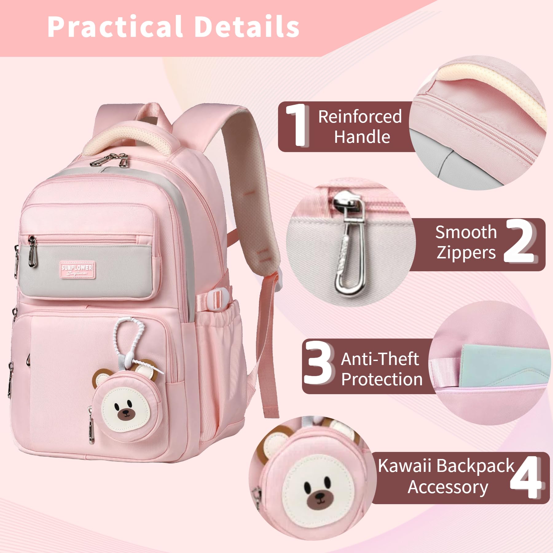 Leaper Preppy Backpack for Teens : 18.5 inch Bookbag Multi-pocket for School Daily -Water Resistant Anti Theft Middle Highschool Student - Aged 10-16 - Gifts for Girls and Kids(Pink) - Image 6