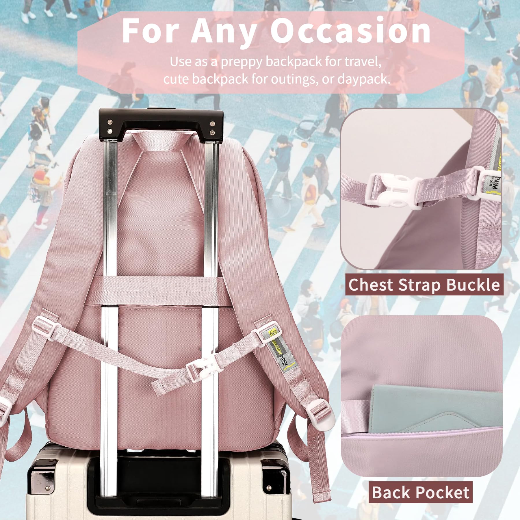 Leaper Preppy Backpack for Teens : 18.5 inch Bookbag Multi-pocket for School Daily -Water Resistant Anti Theft Middle Highschool Student - Aged 10-16 - Gifts for Girls and Kids(Pink) - Image 7