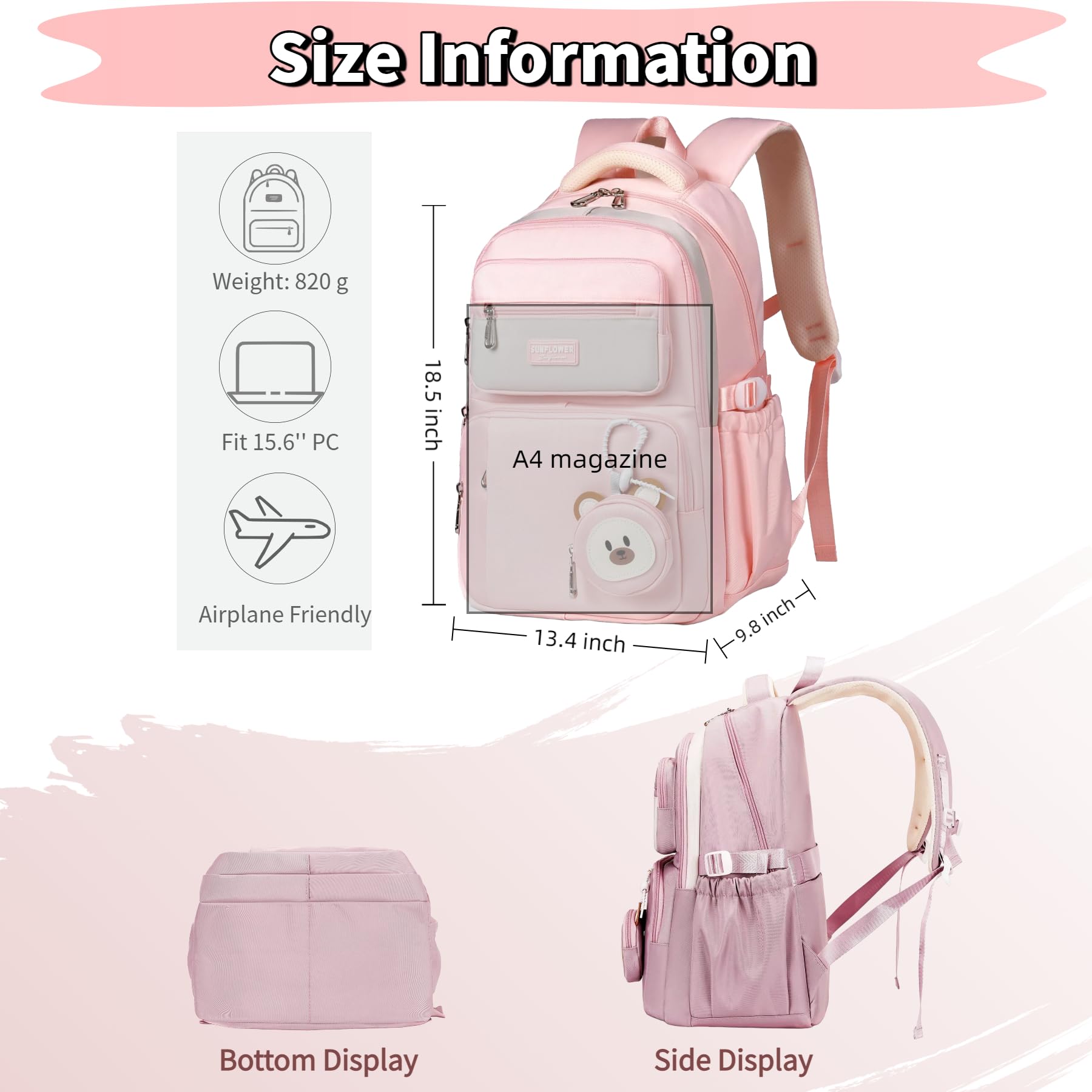 Leaper Preppy Backpack for Teens : 18.5 inch Bookbag Multi-pocket for School Daily -Water Resistant Anti Theft Middle Highschool Student - Aged 10-16 - Gifts for Girls and Kids(Pink) - Image 8