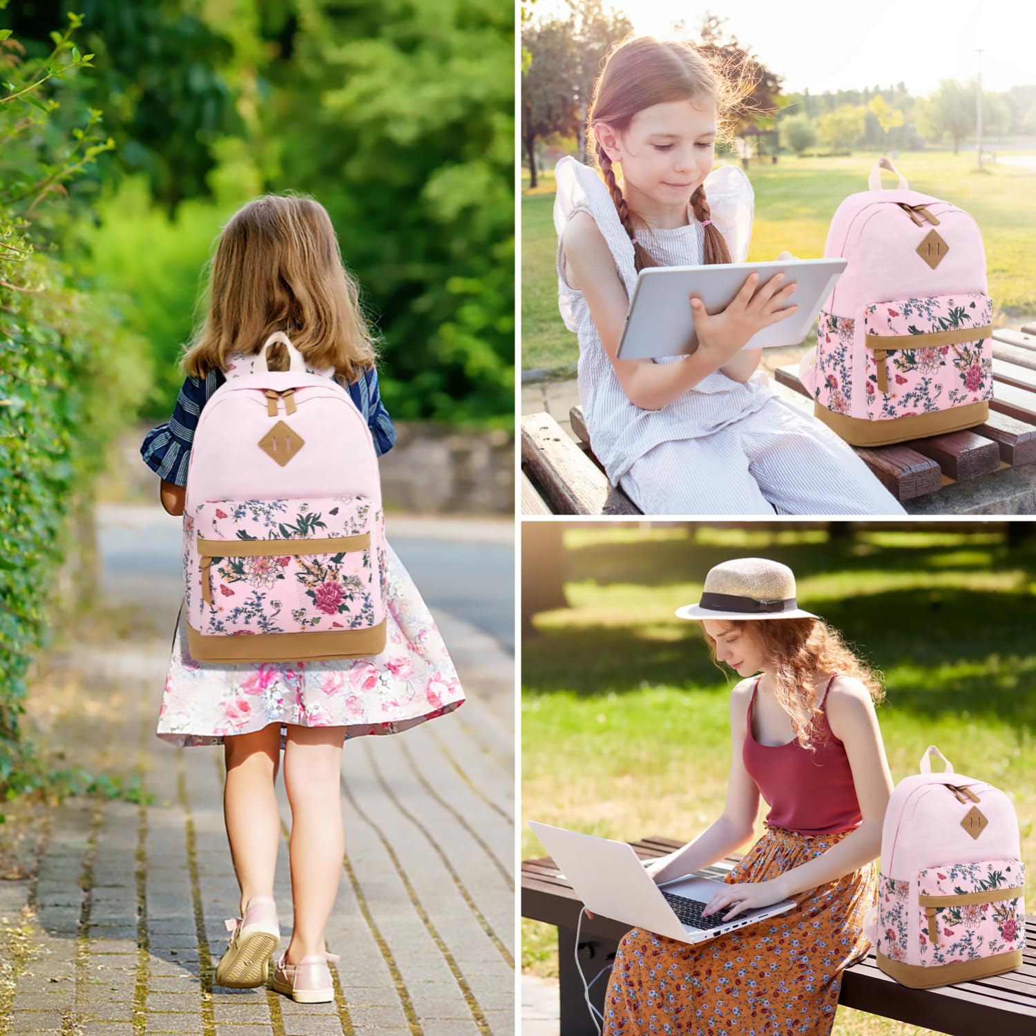 Leaper School Cute Backpack for Girls: Canvas Kawaii Bookbags for Girl 10-12 Years Old - Laptop Travel Backpacks for Teens Floral Pink - Image 2