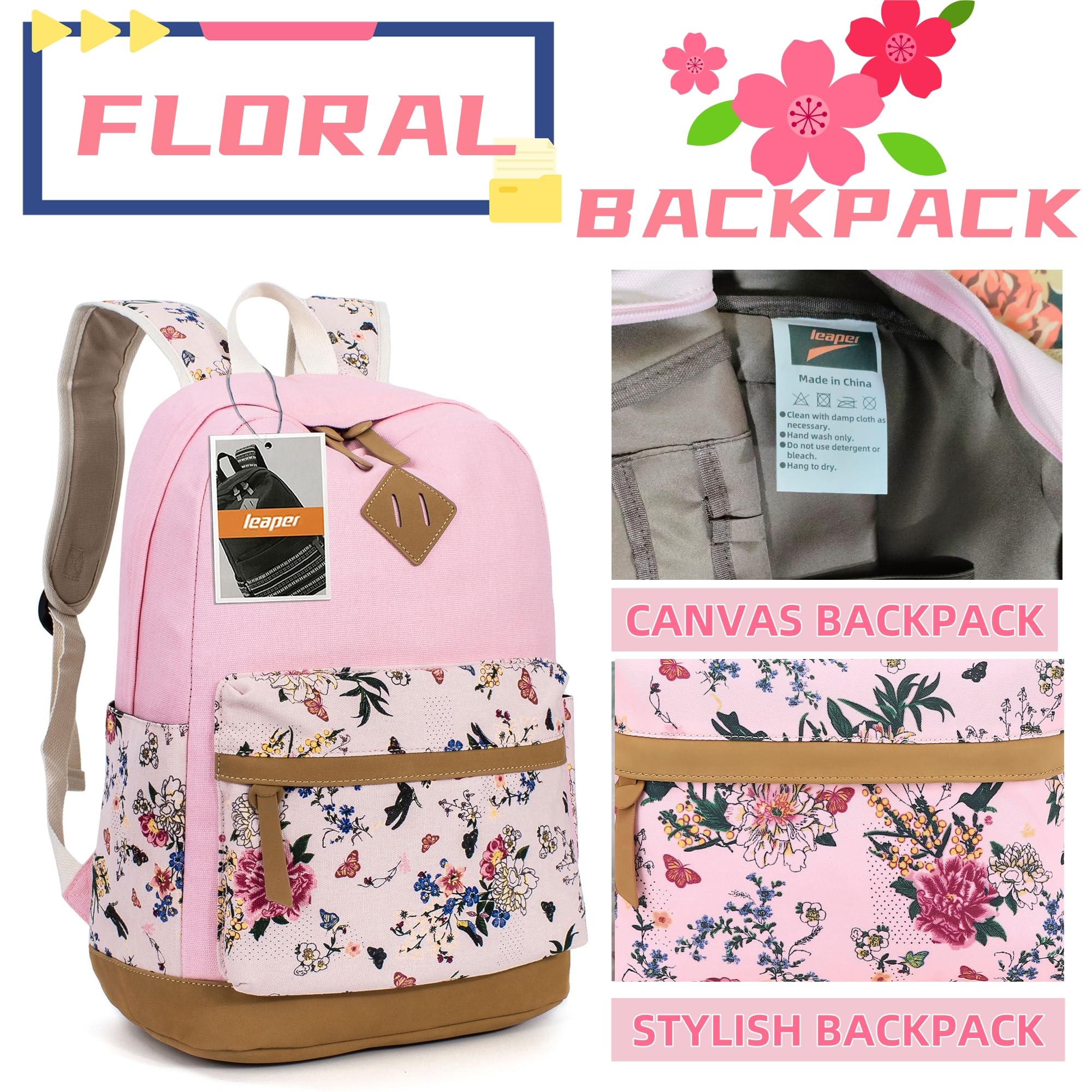 Leaper School Cute Backpack for Girls: Canvas Kawaii Bookbags for Girl 10-12 Years Old - Laptop Travel Backpacks for Teens Floral Pink - Image 7