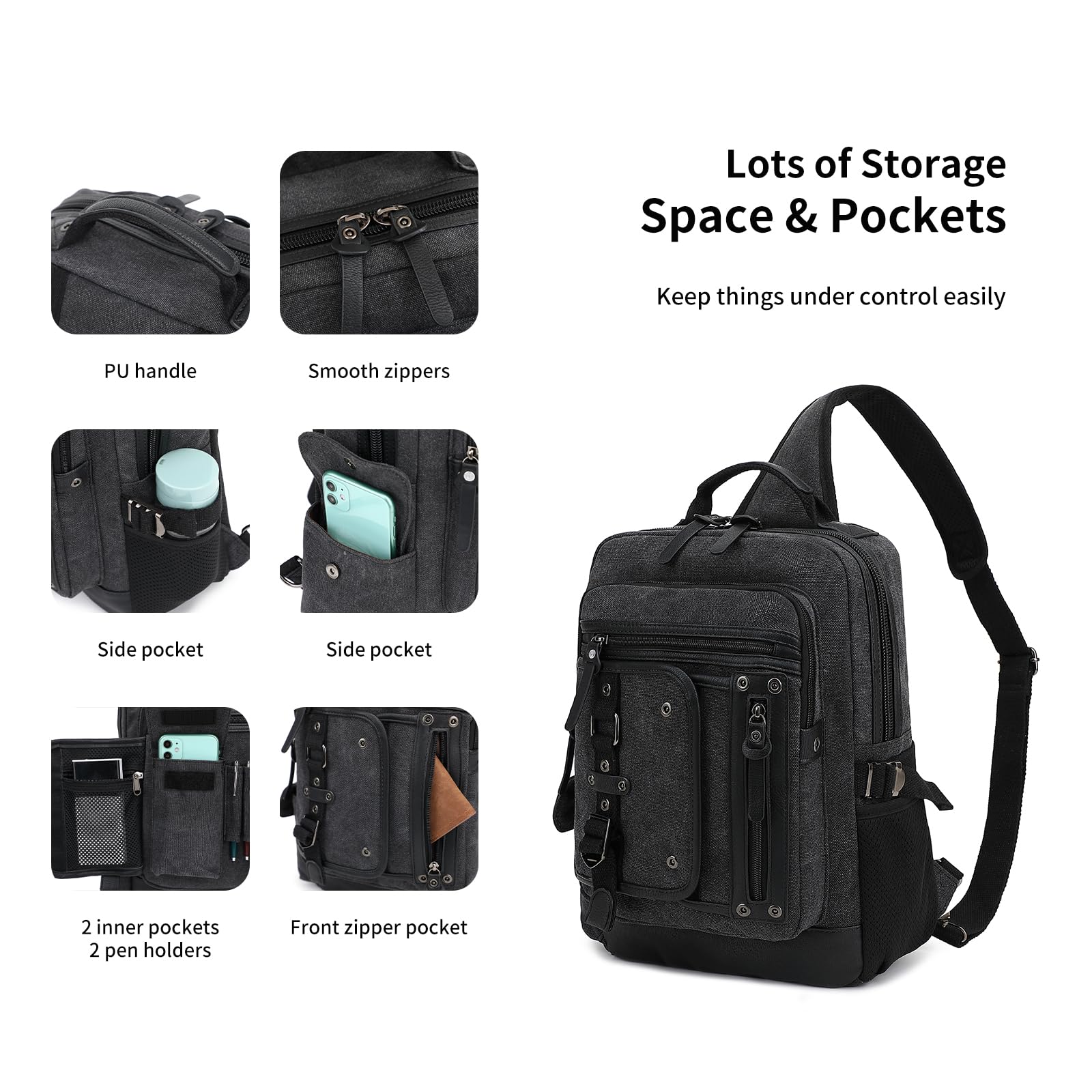 Leaper Sling Backpack Men Large: Canvas Messenger Bag for Men Crossbody - Single Strap Laptop Hiking School Casual Daypacks - Image 3