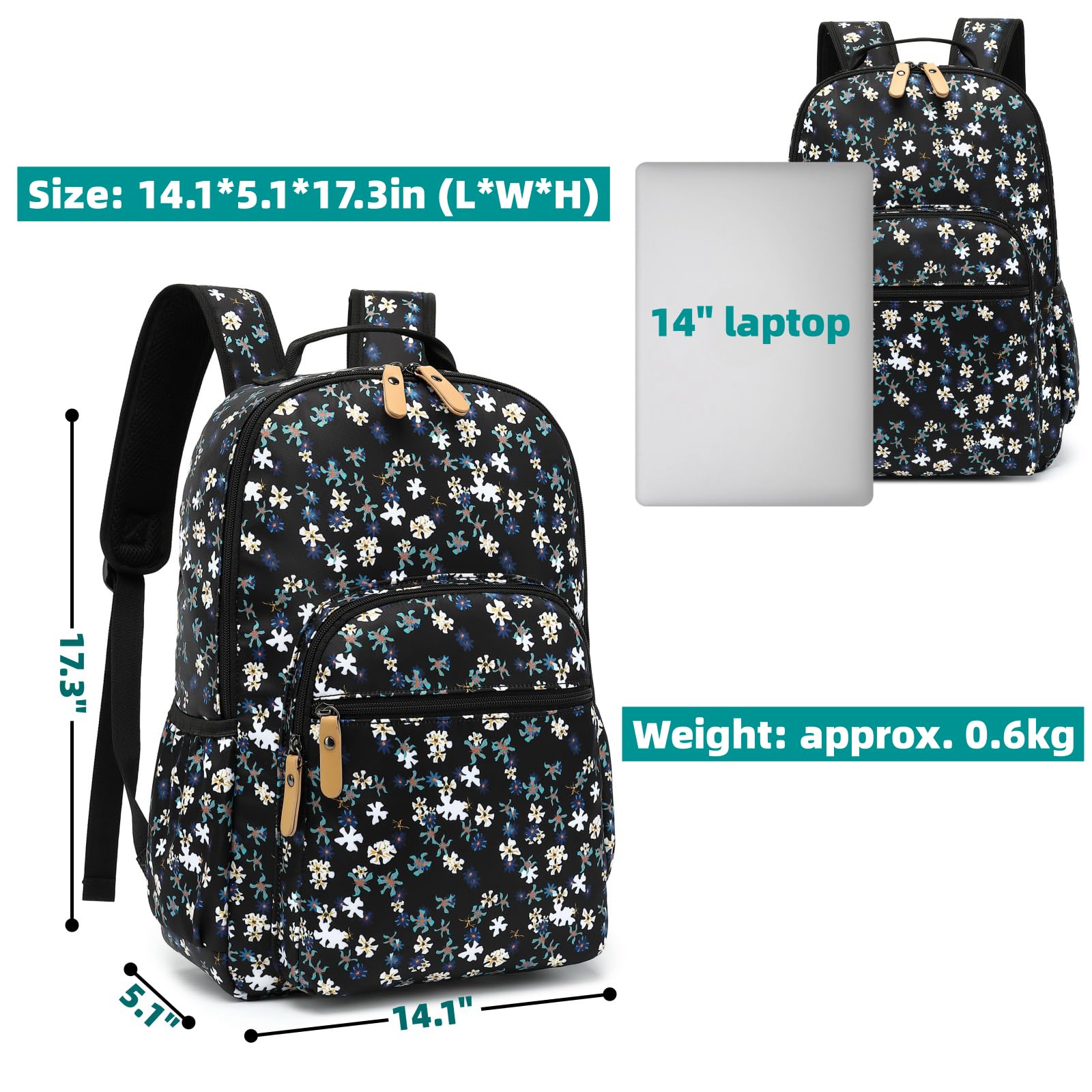 Leaper Water-resistant Floral Laptop Backpack Women Travel Bag Bookbags Satchel (Dark Blue-White Flower2) - Image 2