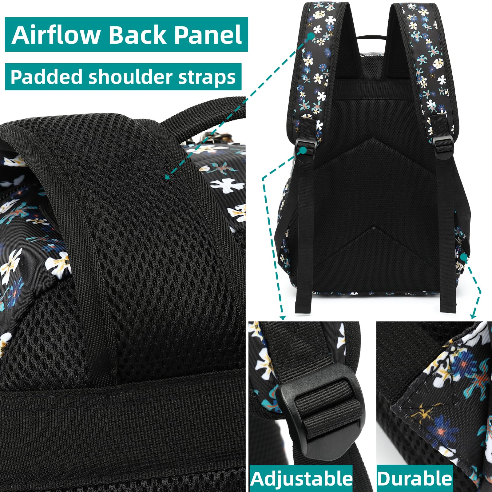 Leaper Water-resistant Floral Laptop Backpack Women Travel Bag Bookbags Satchel (Dark Blue-White Flower2) - Image 4