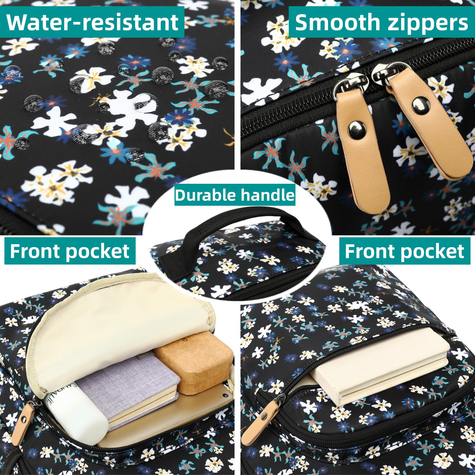Leaper Water-resistant Floral Laptop Backpack Women Travel Bag Bookbags Satchel (Dark Blue-White Flower2) - Image 5